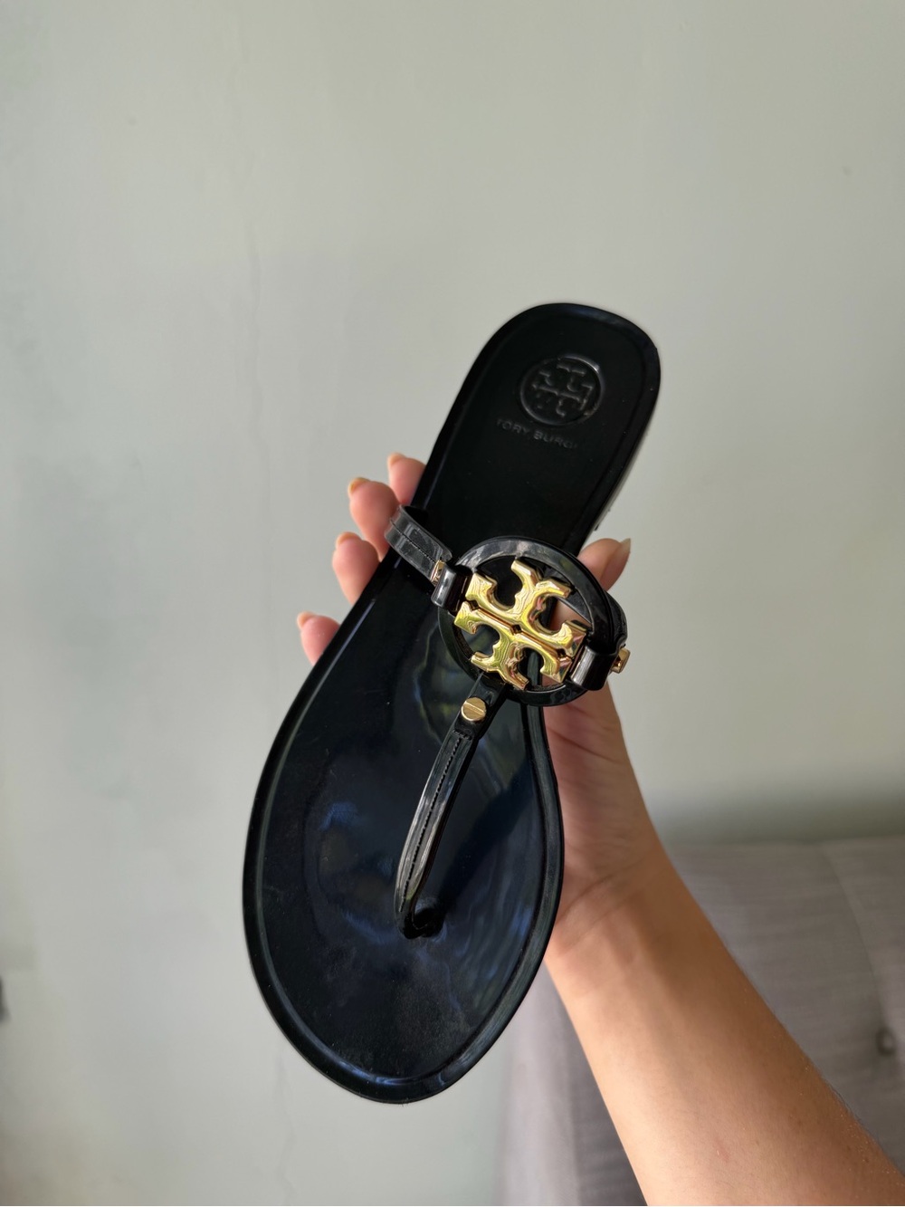 Tory Burch Black Patent Thong Sandal with Gold Logo Disc